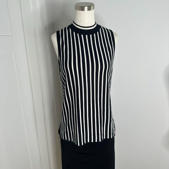 Rag & Bone Silk Cotton Stripe Knit Tank L Sleeveless Mock Neck Minimalist Mod - Picture 2 of 9